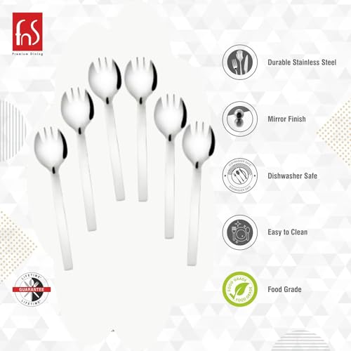 FNS Solo 6-piece spork set features infographic highlighting durable stainless steel, mirror finish, dishwasher safe, easy clean, and food-grade quality.