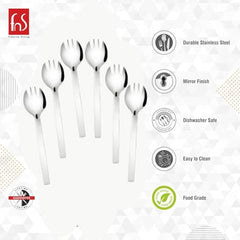 FNS Solo 6-piece spork set features infographic highlighting durable stainless steel, mirror finish, dishwasher safe, easy clean, and food-grade quality.