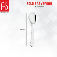 FNS Solo baby spoon 16cm dimensions with flat handle and mirror finish stainless steel, perfectly sized for infant and toddler feeding needs.