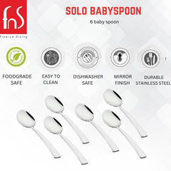 FNS Solo baby spoon set features infographic highlighting food grade safe, easy to clean, dishwasher safe, mirror finish, and durable stainless steel construction.