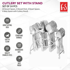 Promotional image highlighting 24-piece cutlery set with stand and features like rustproof, dishwasher-safe design.