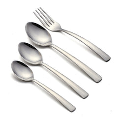 Set of fork and three spoons with smooth, curved handles laid flat on white background.