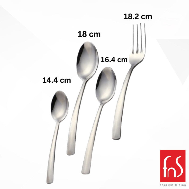 Four cutlery pieces with individual measurements shown in centimeters, displaying ergonomic stainless steel design.