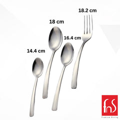 Four cutlery pieces with individual measurements shown in centimeters, displaying ergonomic stainless steel design.