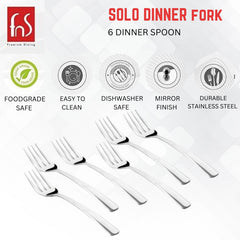 Solo Dinner Fork product display showing six forks with feature icons for safety and durability