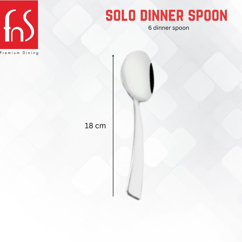 FNS Solo dinner spoon 18cm dimensions with sleek flat handle and mirror finish stainless steel, contemporary design for everyday dining and kitchen use.