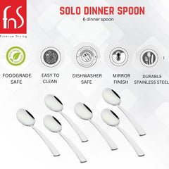 FNS Solo dinner spoon features infographic highlighting food grade safe, easy to clean, dishwasher safe, mirror finish, and durable stainless steel construction.