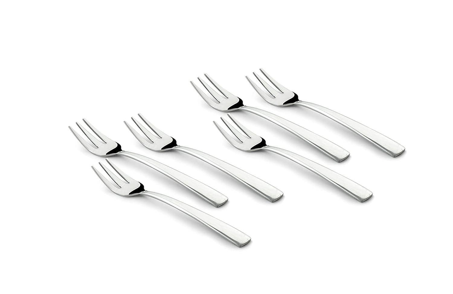 Six stainless steel fruit forks with three tines arranged on white background