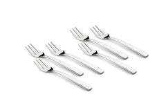 Six stainless steel fruit forks with three tines arranged on white background
