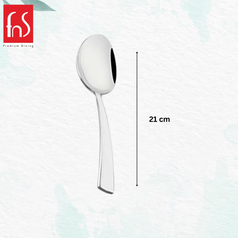 FNS Solo serving spoon with 21cm measurement scale displayed, showcasing mirror finish bowl and flat tapered handle design in premium stainless steel construction.