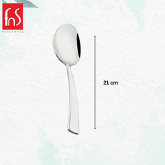 FNS Solo serving spoon with 21cm measurement scale displayed, showcasing mirror finish bowl and flat tapered handle design in premium stainless steel construction.