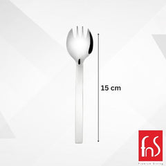  FNS Solo spork dimensions showing 15cm length, durable stainless steel construction with fork-spoon combination design for versatile dining.