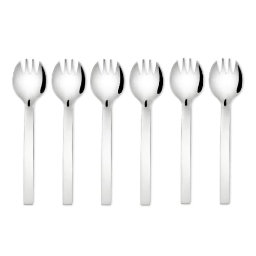Six-piece FNS Solo stainless steel spork set with mirror finish on white background, premium quality cutlery for contemporary dining settings.