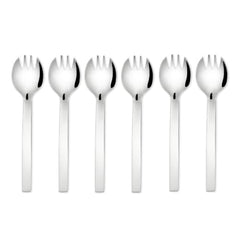 Six-piece FNS Solo stainless steel spork set with mirror finish on white background, premium quality cutlery for contemporary dining settings.