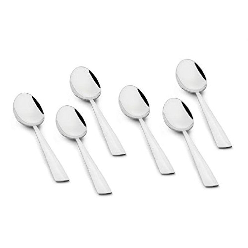 Six-piece FNS Solo stainless steel baby spoon set with mirror finish and ergonomic flat handles, ideal for safe infant feeding and weaning.