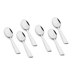 Six-piece FNS Solo stainless steel baby spoon set with mirror finish and ergonomic flat handles, ideal for safe infant feeding and weaning.
