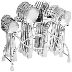 Organized 24-piece stainless steel cutlery set in chrome-finish stand, featuring forks, spoons, knives.