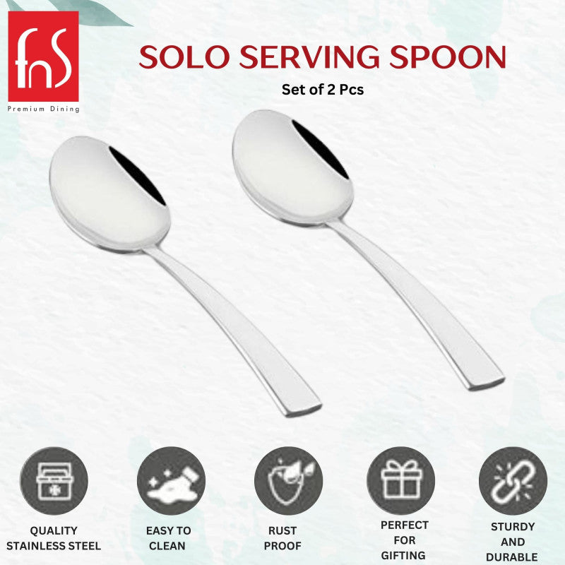 FNS Solo serving spoon set infographic highlighting quality stainless steel, easy to clean, rust proof, perfect for gifting, and sturdy durable construction features.