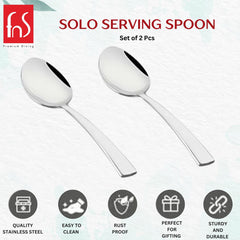 FNS Solo serving spoon set infographic highlighting quality stainless steel, easy to clean, rust proof, perfect for gifting, and sturdy durable construction features.