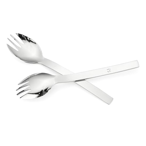 Close-up view of FNS Solo stainless steel spork showcasing elegant mirror finish and ergonomic flat handle design for comfortable grip.