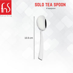 Single Solo Tea Spoon with angled flat handle shown vertically with 13.5 cm measurement line on white background, FnS Premium Dining logo visible