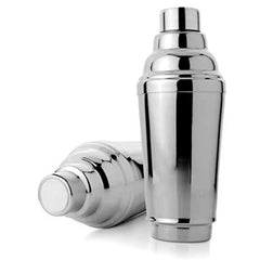 FNS stainless steel two-piece cocktail shaker set with built-in strainer on white background