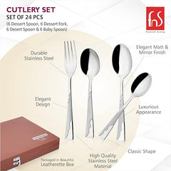 24-piece stainless steel cutlery set with elegant matt and mirror finish, packaged in leatherette box.