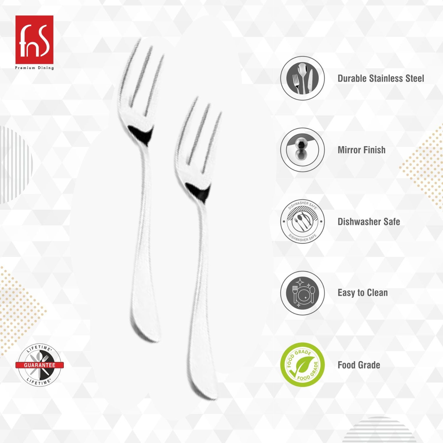 Two forks with product feature icons showing stainless steel and safety attributes