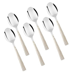 FNS 6-piece stainless steel dessert spoon set with elegant pearl-textured handles arranged in display formation on white background