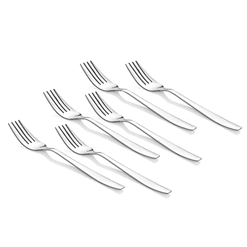 Set of six identical silver stainless steel forks aligned diagonally on a plain white background.
