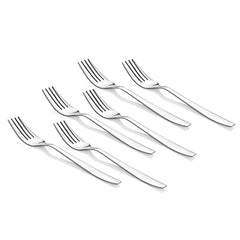 Set of six identical silver stainless steel forks aligned diagonally on a plain white background.