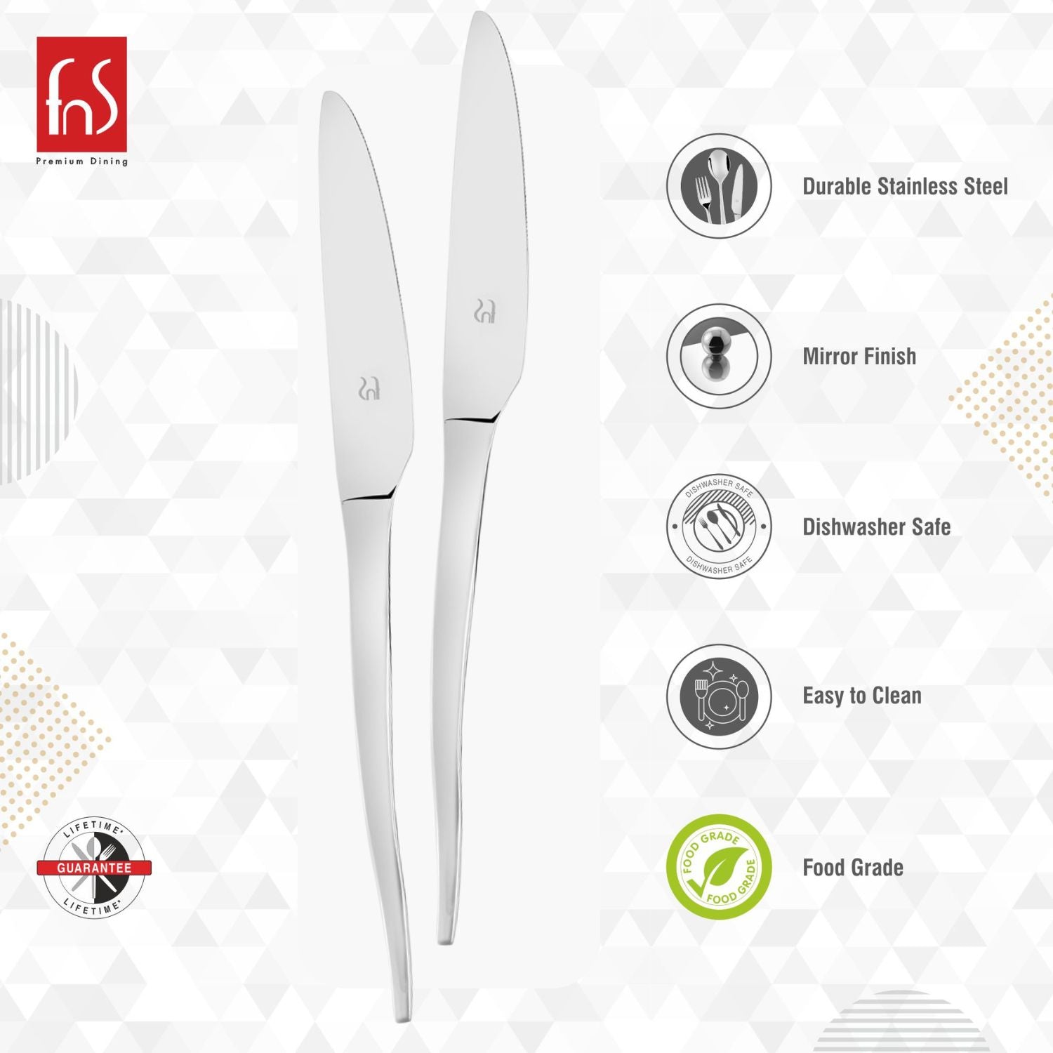 Two FnS dinner knives showcasing product features: durable stainless steel, mirror finish, dishwasher safe, easy clean, and food-grade certification.
