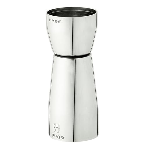 FNS stainless steel dual jigger reverse angle showing 30ml and 60ml capacity with FNS logo branding