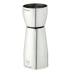 FNS stainless steel dual jigger reverse angle showing 30ml and 60ml capacity with FNS logo branding