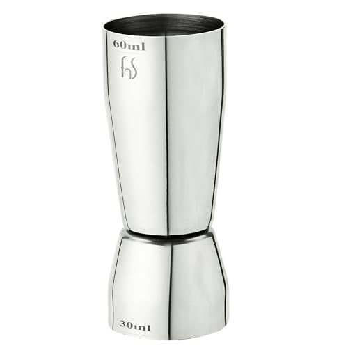 FNS stainless steel dual jigger front view with 60ml top and 30ml bottom measurement markings
