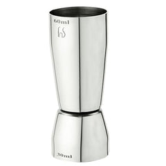 FNS stainless steel dual jigger front view with 60ml top and 30ml bottom measurement markings