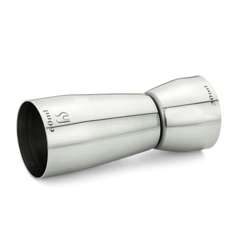 FNS stainless steel dual jigger side view showing 60ml and 30ml measurement markings and tapered design