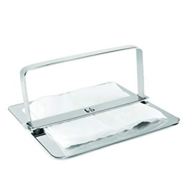 FNS stainless steel flat rectangular napkin holder with top bar frame holding white folded napkins, on white background