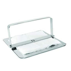 FNS stainless steel flat rectangular napkin holder with top bar frame holding white folded napkins, on white background