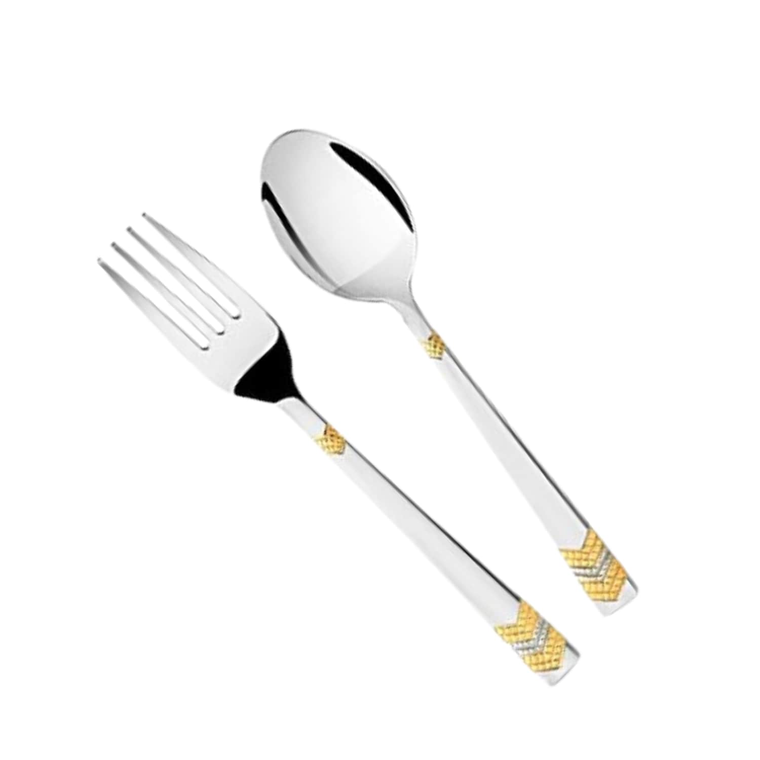 Stylish silver fork and spoon set with intricate gold chevron pattern on white background.