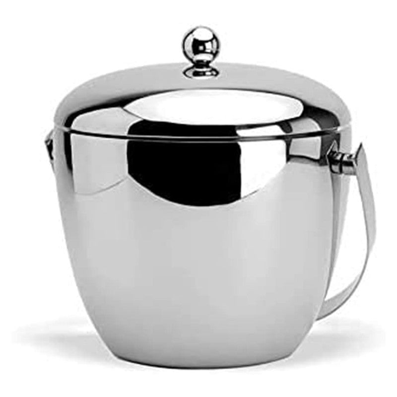 Stainless steel ice bucket with lid and handle featuring mirror polish finish and spherical knob detail