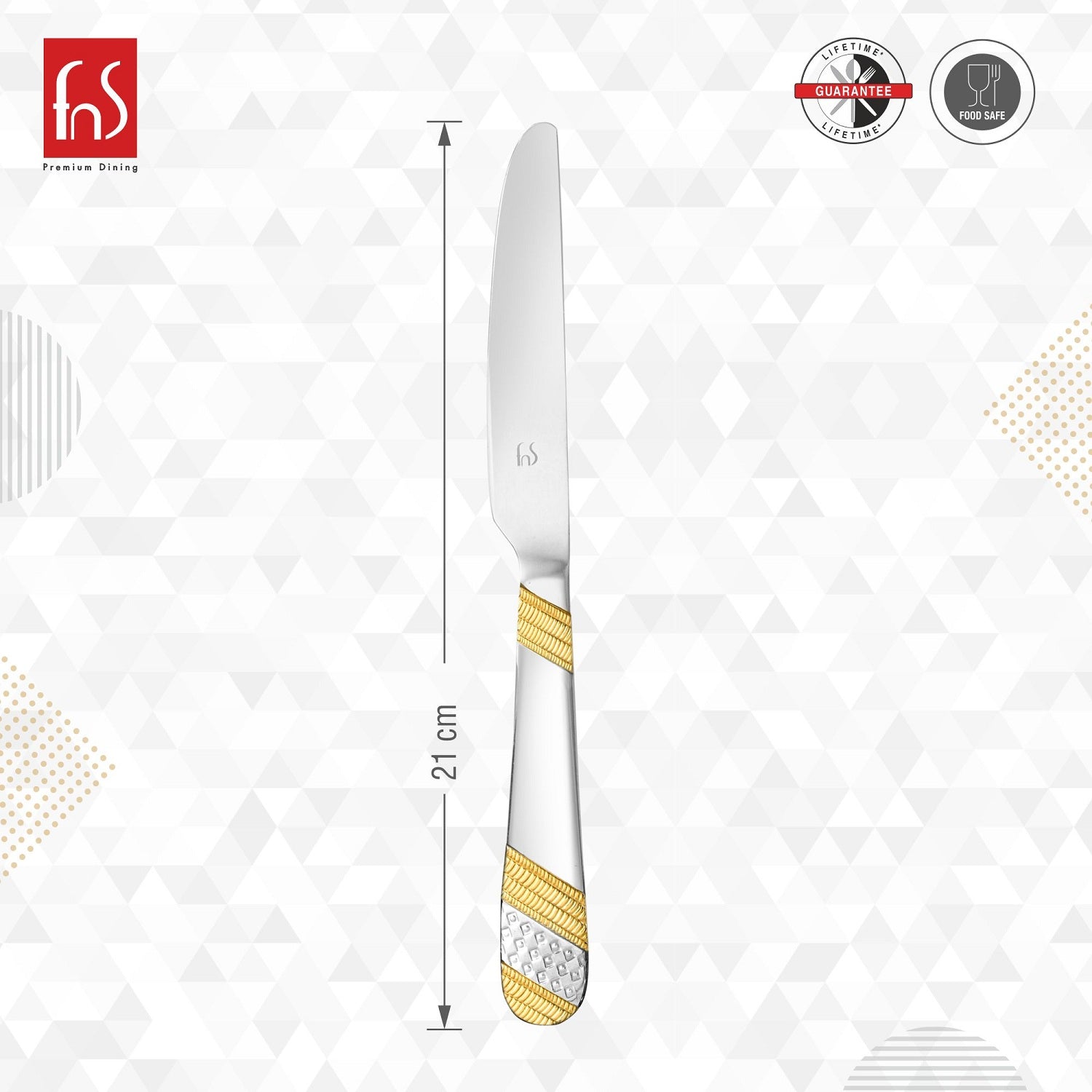 Stainless steel dinner knife with gold detailing, shown vertically with 21 cm height measurement.