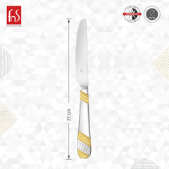Stainless steel dinner knife with gold detailing, shown vertically with 21 cm height measurement.