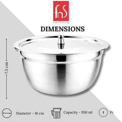 FNS stainless steel serving bowl with flat steel lid tilted open at an angle, showing the deep mirror polished interior, on a white background