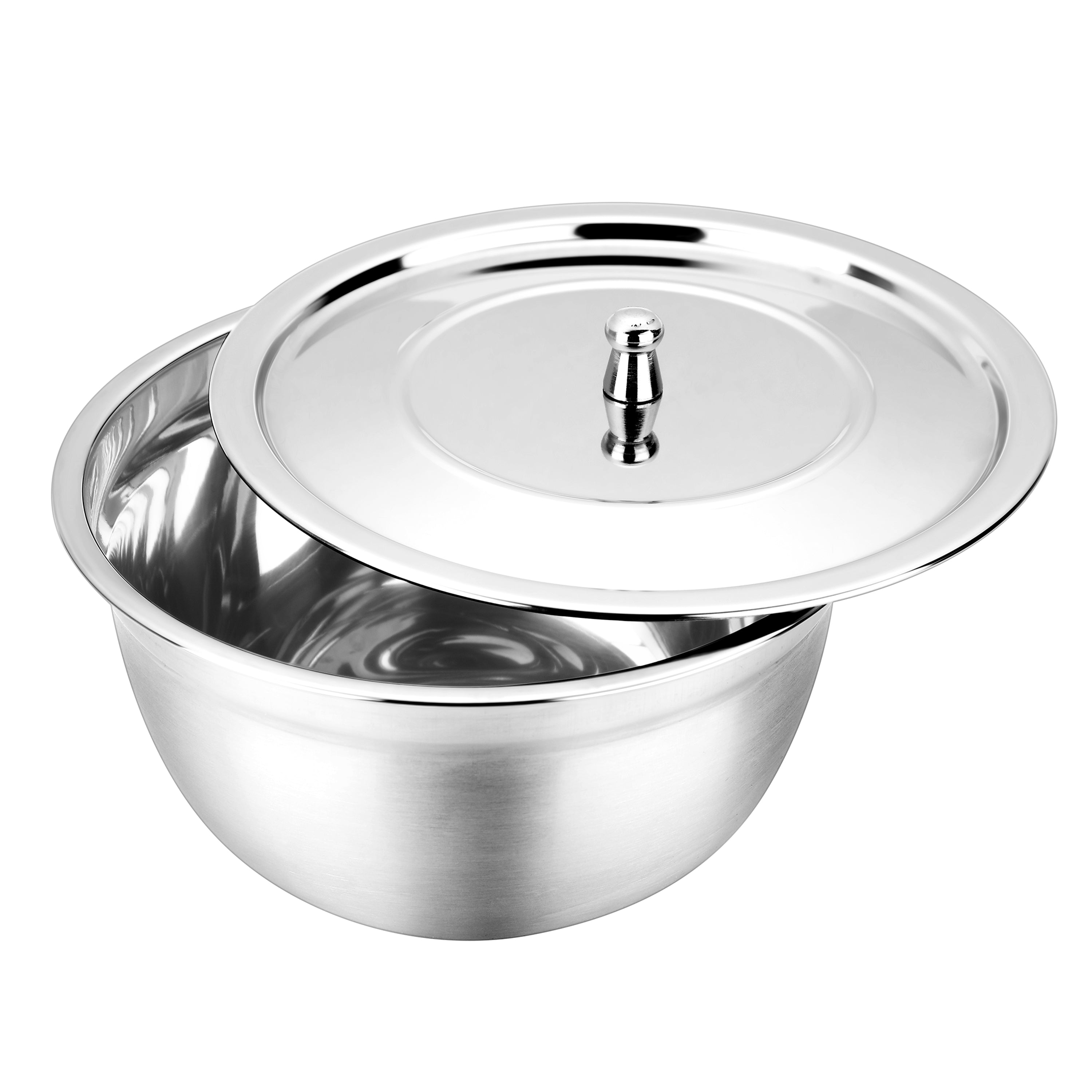 FNS stainless steel serving bowl with steel lid dimension diagram showing 8cm height, 18cm diameter, and 1500ml capacity on a branded grey and white background