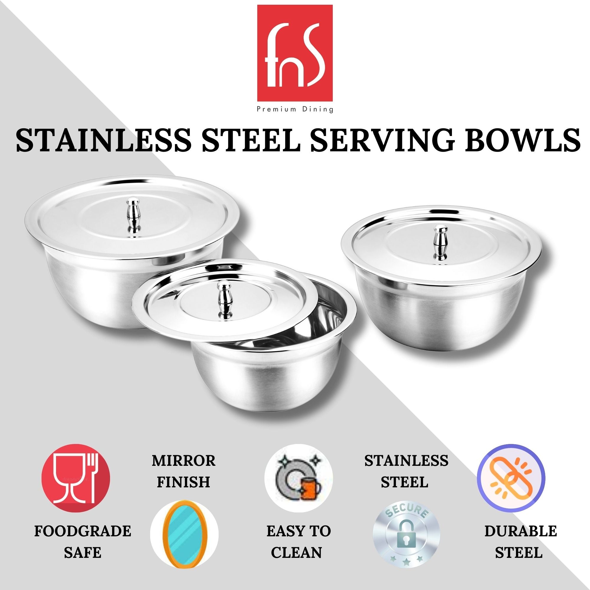 FNS stainless steel serving bowl without lid, top-angle view showing the deep mirror polished interior and brushed exterior finish, on a white background