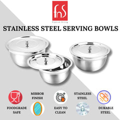 FNS stainless steel serving bowl without lid, top-angle view showing the deep mirror polished interior and brushed exterior finish, on a white background
