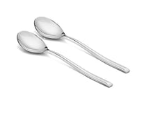 Pair of sleek, polished stainless steel tablespoons arranged side-by-side on a clean white background.