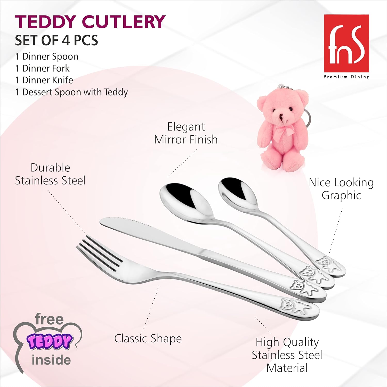 Teddy cutlery set with mirror finish, stainless steel build, and fun teddy graphics for kids.