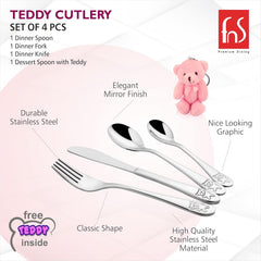 Teddy cutlery set with mirror finish, stainless steel build, and fun teddy graphics for kids.